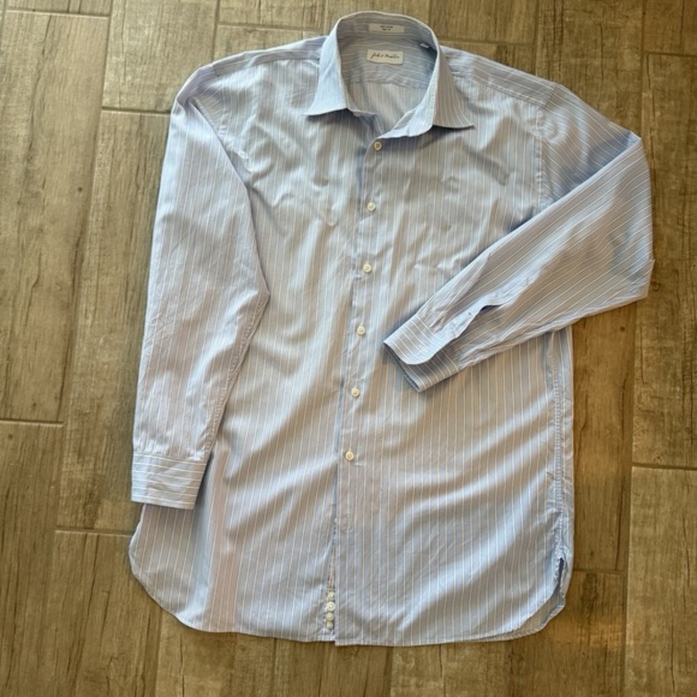 Nordstrom Men's Trim Fit Cotton Smart Care Blue Striped Button Down Shirt 17 EUC